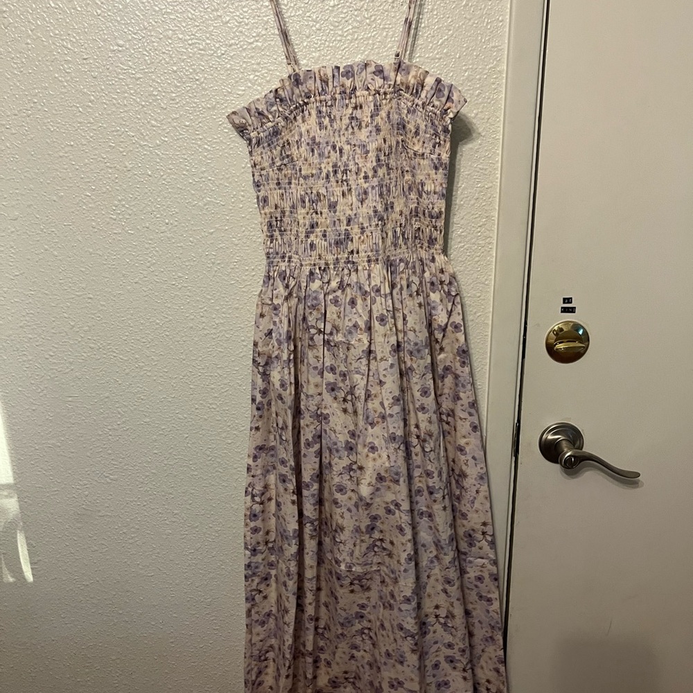 H&M Womens Small Smocked-bodice Dress, Creme/Flower color